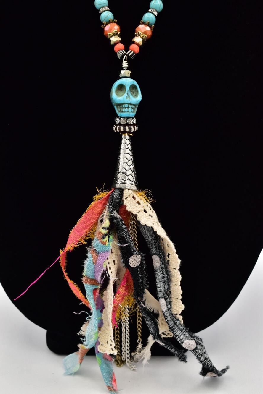 Vintage Boho Turquoise Skull Tassel Necklace Halloween Ribbon Beaded Y2K BinA17